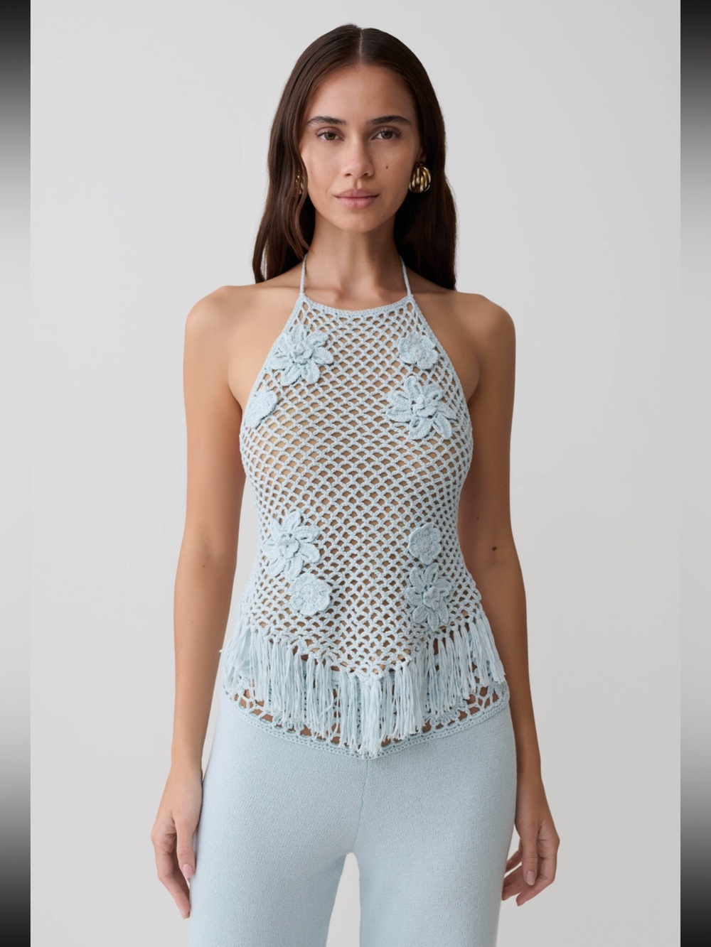 Meshki Light Blue Crochet Halter Fringe Top LINED